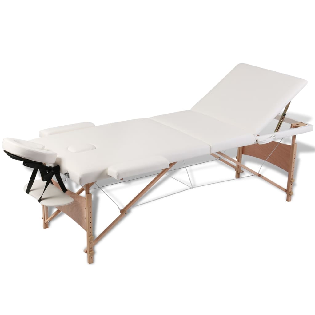 Inklapbare massagetafel 3 zones met houten frame (creme)