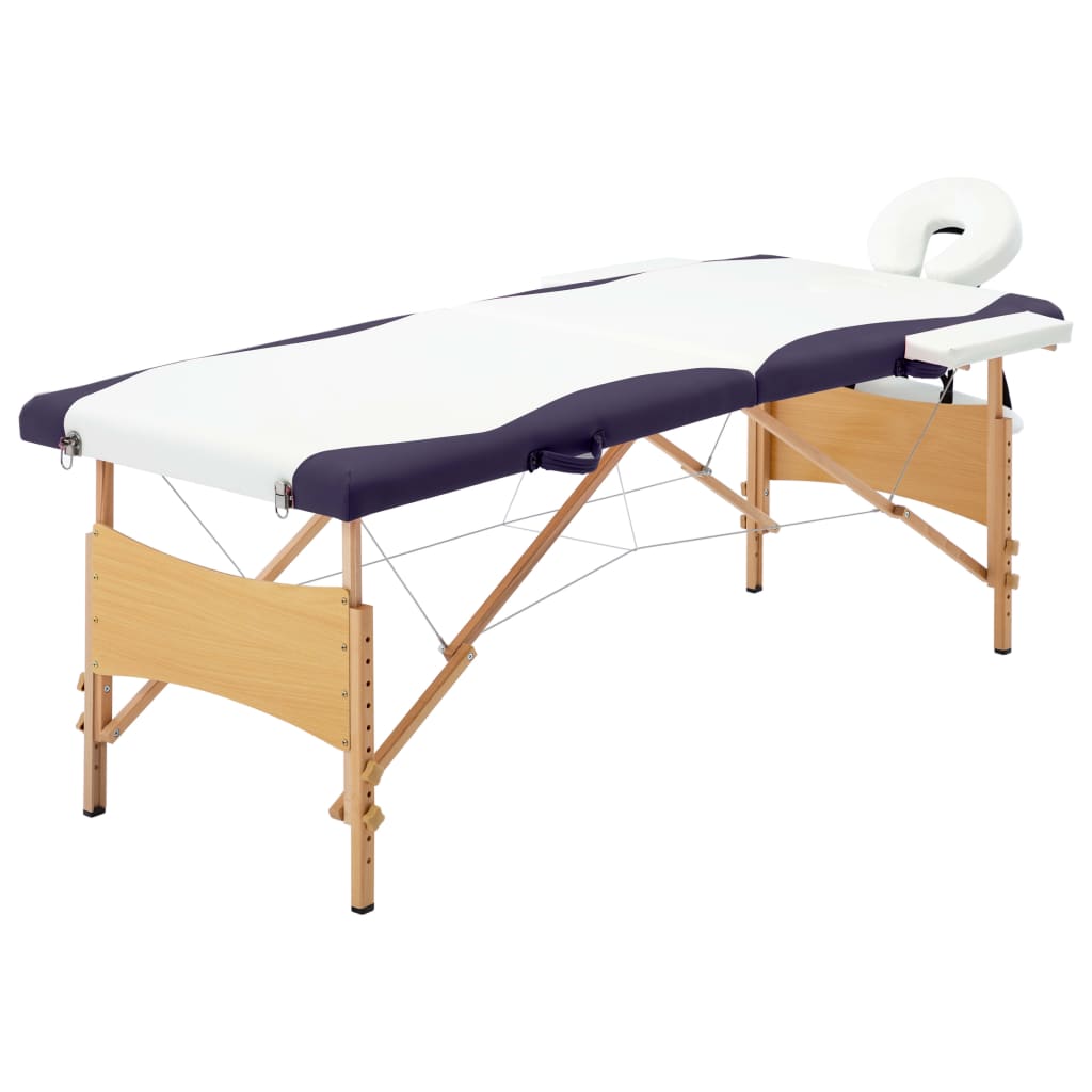 Massagetafel inklapbaar 2 zones hout wit en paars
