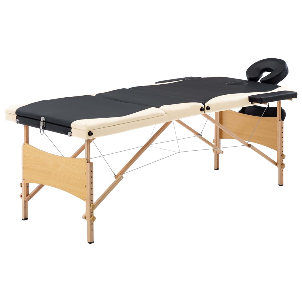 Massagetafel inklapbaar 3 zones hout zwart en beige – afbeelding 1