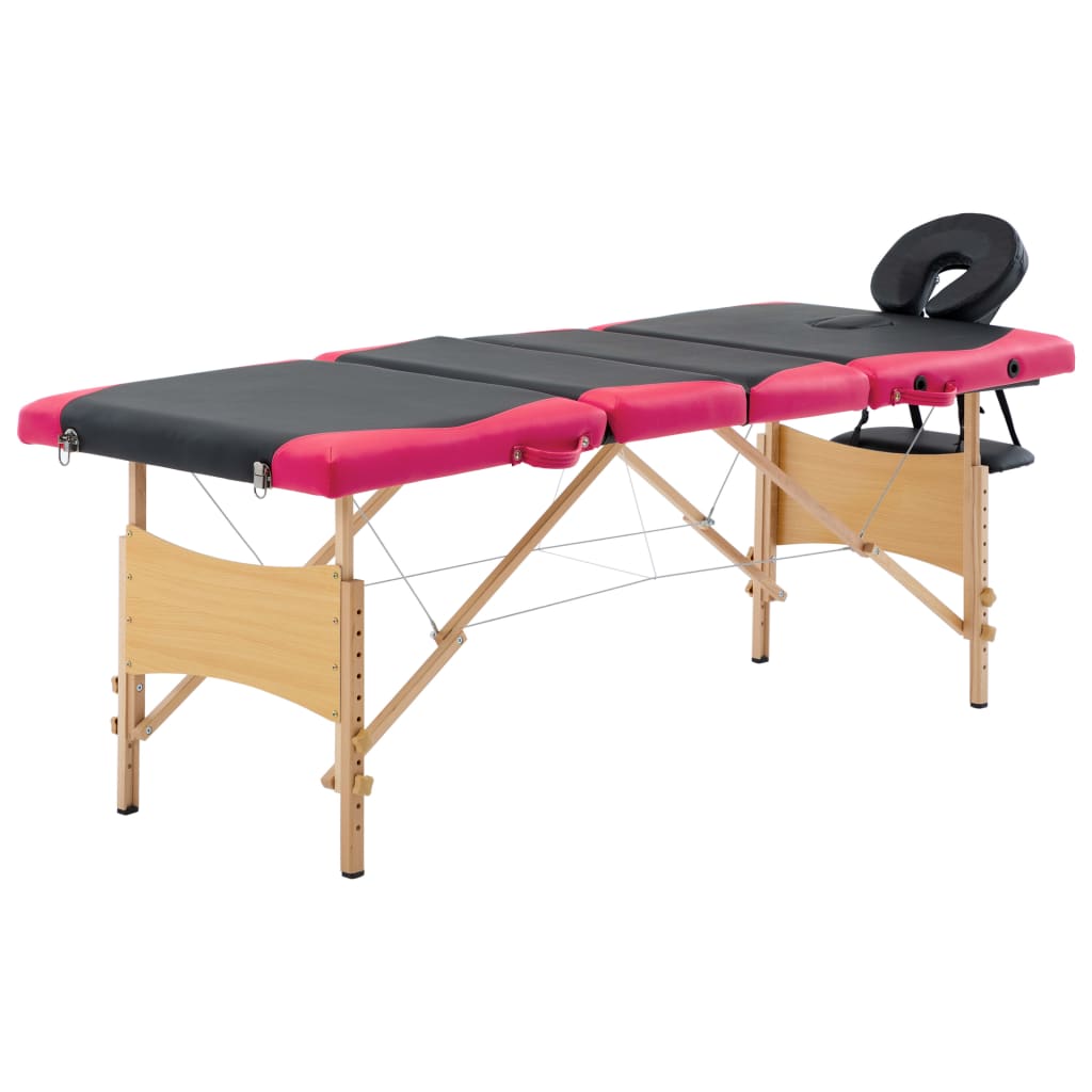 Massagetafel inklapbaar 4 zones hout zwart en roze
