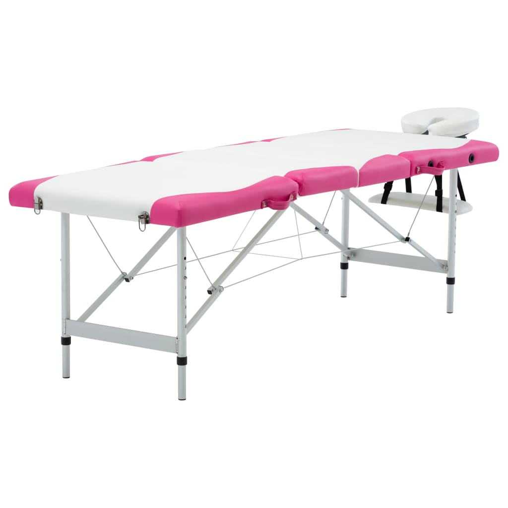 Massagetafel inklapbaar 4 zones aluminium wit en roze