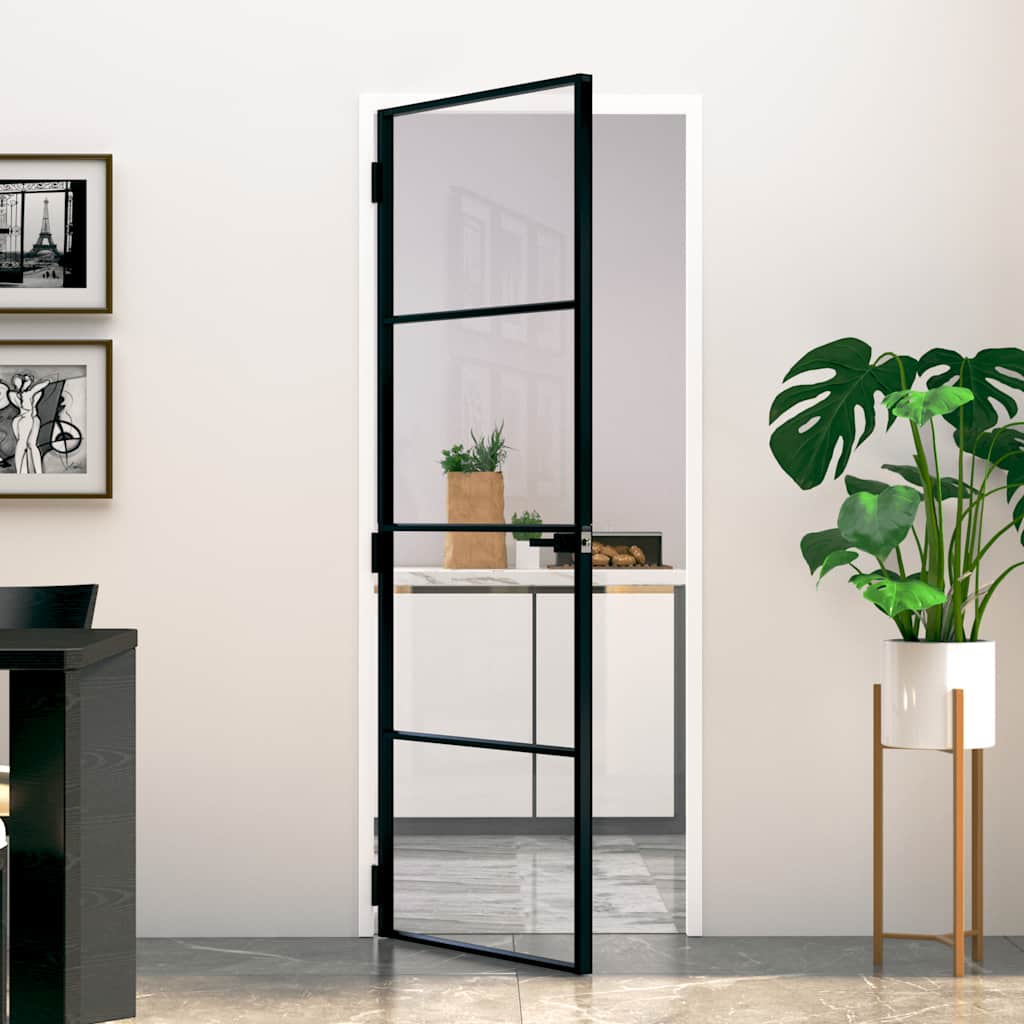 Binnendeur 76x201,5 cm gehard glas en aluminium smal zwart – afbeelding 1