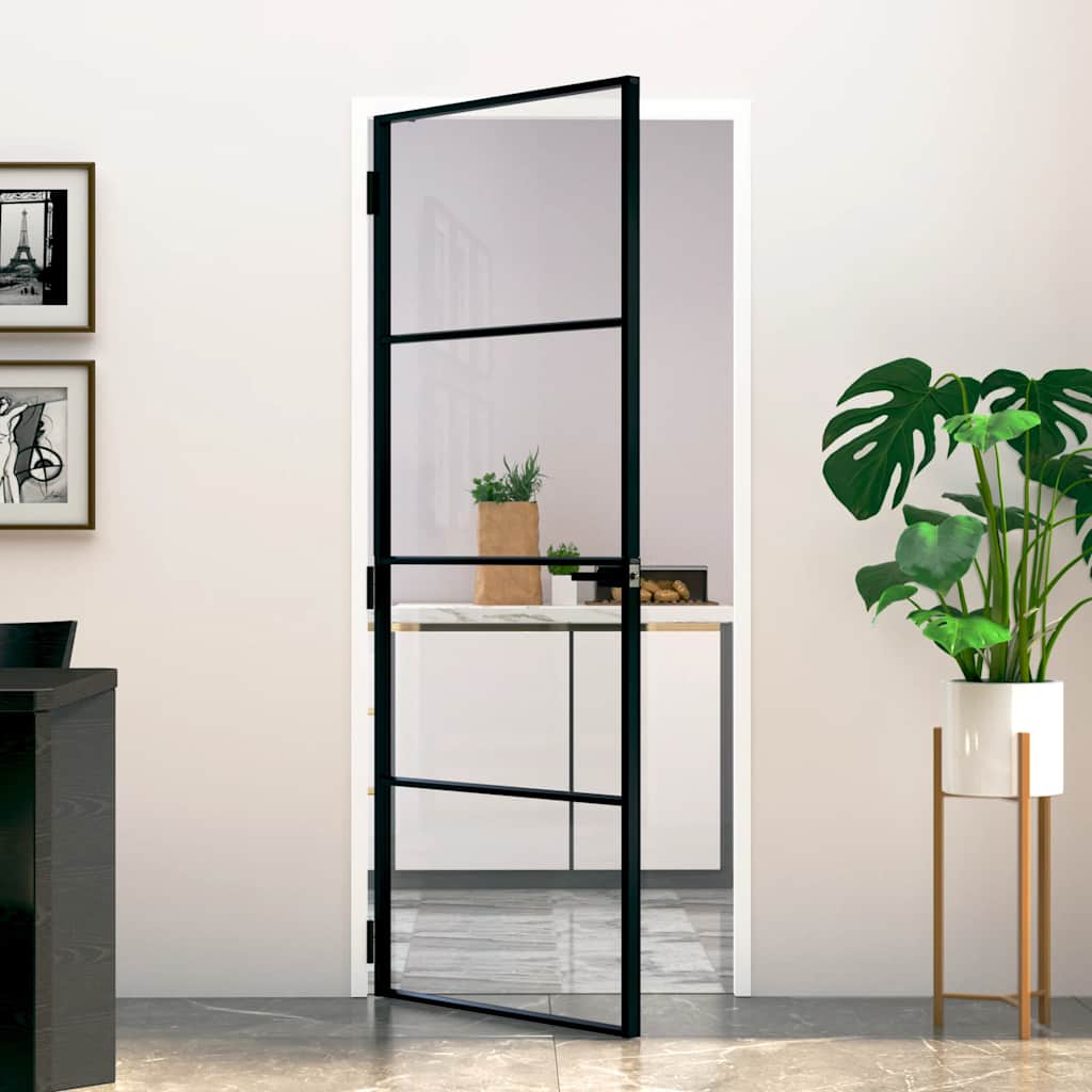 Binnendeur 83x201,5 cm gehard glas en aluminium smal zwart – afbeelding 1