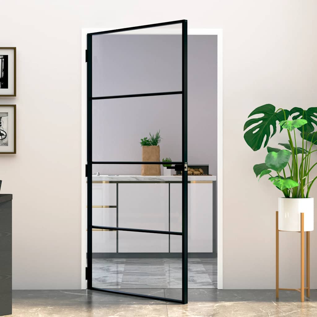 Binnendeur 102x201,5 cm gehard glas en aluminium smal zwart – afbeelding 1
