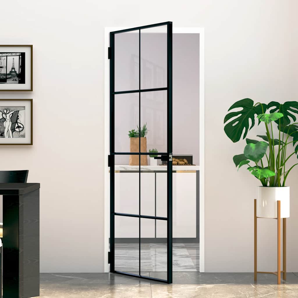 Binnendeur 76x201,5 cm gehard glas en aluminium smal zwart – afbeelding 1