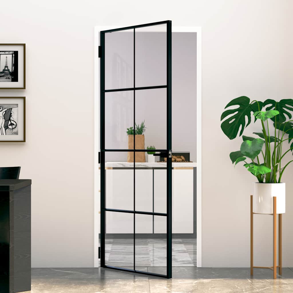 Binnendeur 83x201,5 cm gehard glas en aluminium smal zwart – afbeelding 1