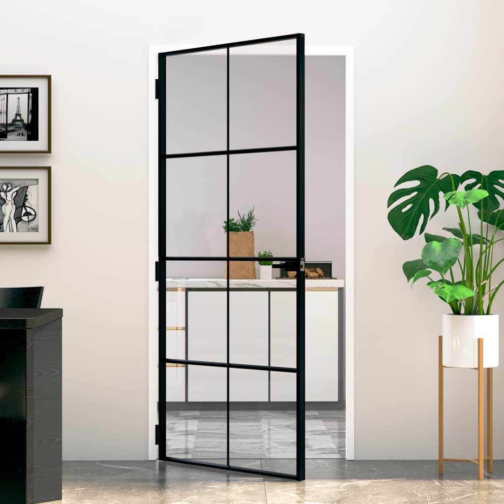 Binnendeur 93x201,5 cm gehard glas en aluminium smal zwart – afbeelding 1