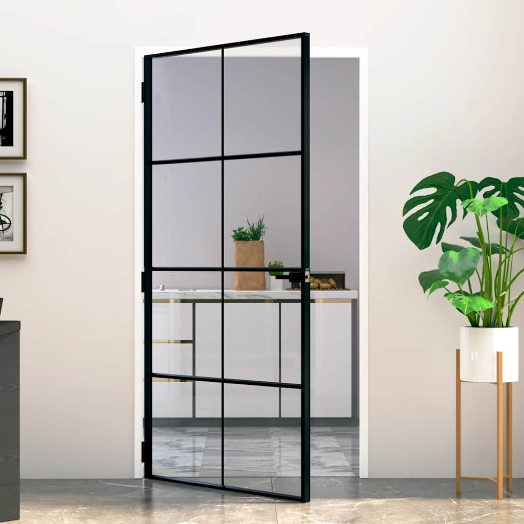 Binnendeur 102x201,5 cm gehard glas en aluminium smal zwart – afbeelding 1