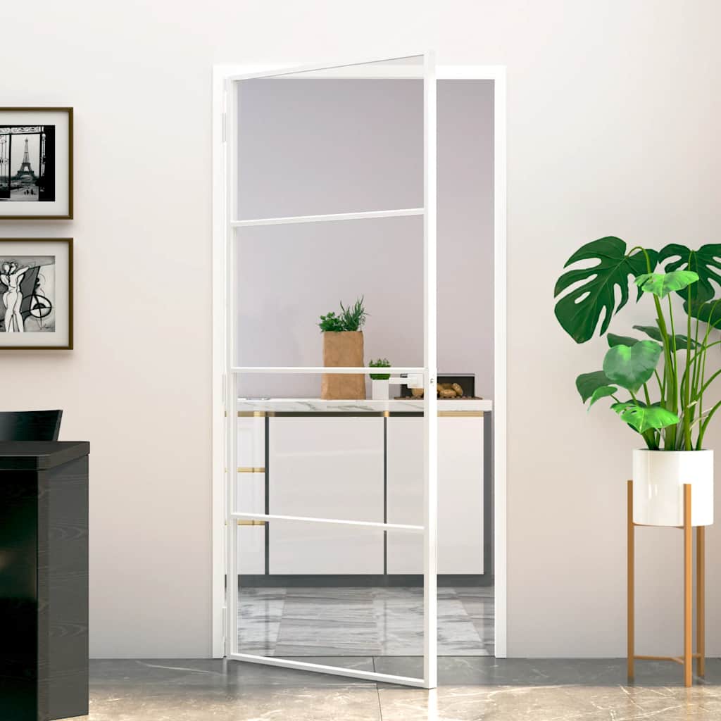 Binnendeur 93x201,5 cm gehard glas en aluminium smal wit