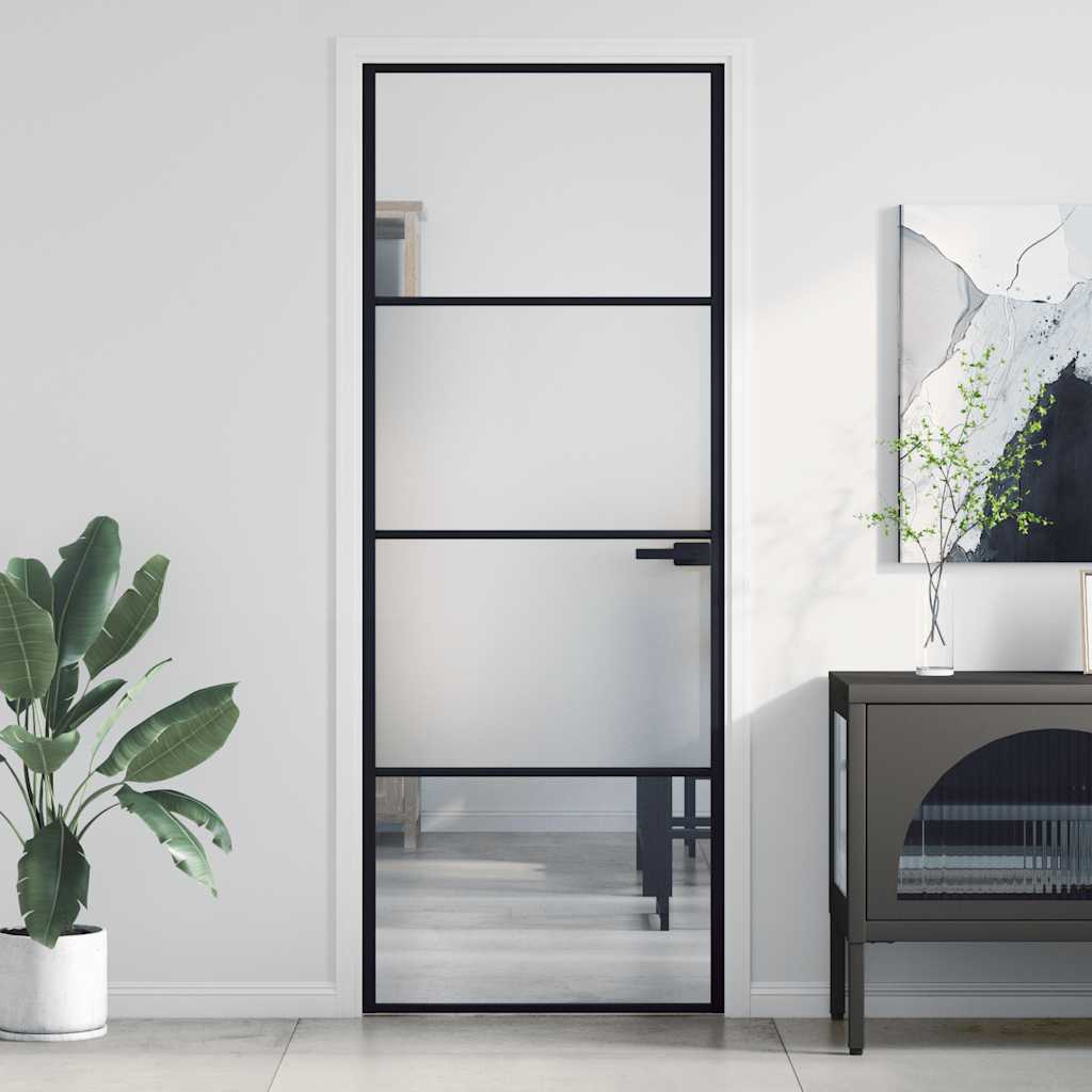 Binnendeur smal 76x201,5 cm gehard glas en aluminium zwart – afbeelding 1