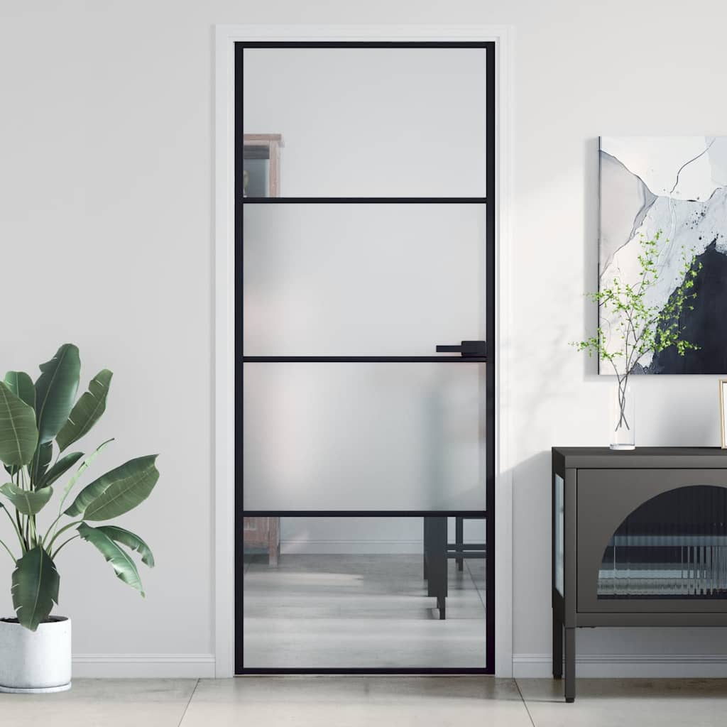 Binnendeur smal 83x201,5 cm gehard glas en aluminium zwart – afbeelding 1