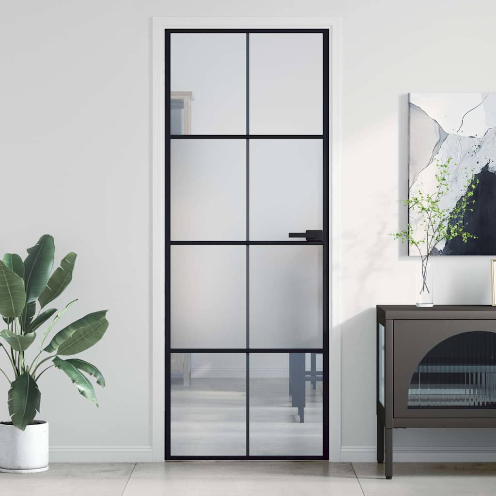 Binnendeur smal 76x201,5 cm gehard glas en aluminium zwart – afbeelding 1