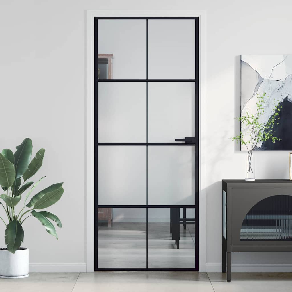 Binnendeur smal 83x201,5 cm gehard glas en aluminium zwart – afbeelding 1