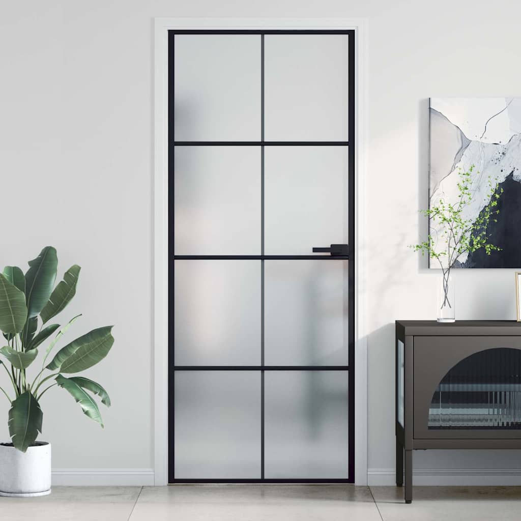 Binnendeur smal 83x201,5 cm gehard glas en aluminium zwart – afbeelding 1