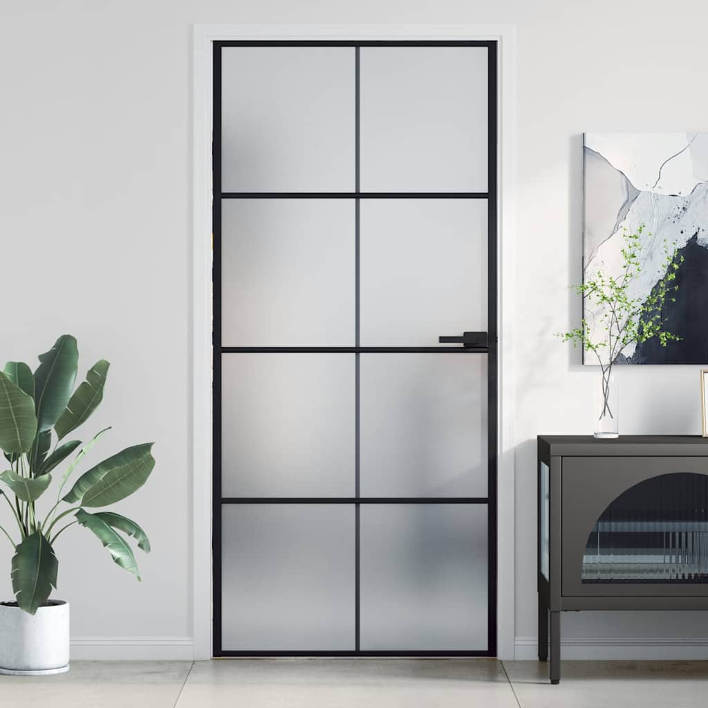 Binnendeur smal 93x201,5 cm gehard glas en aluminium zwart – afbeelding 1