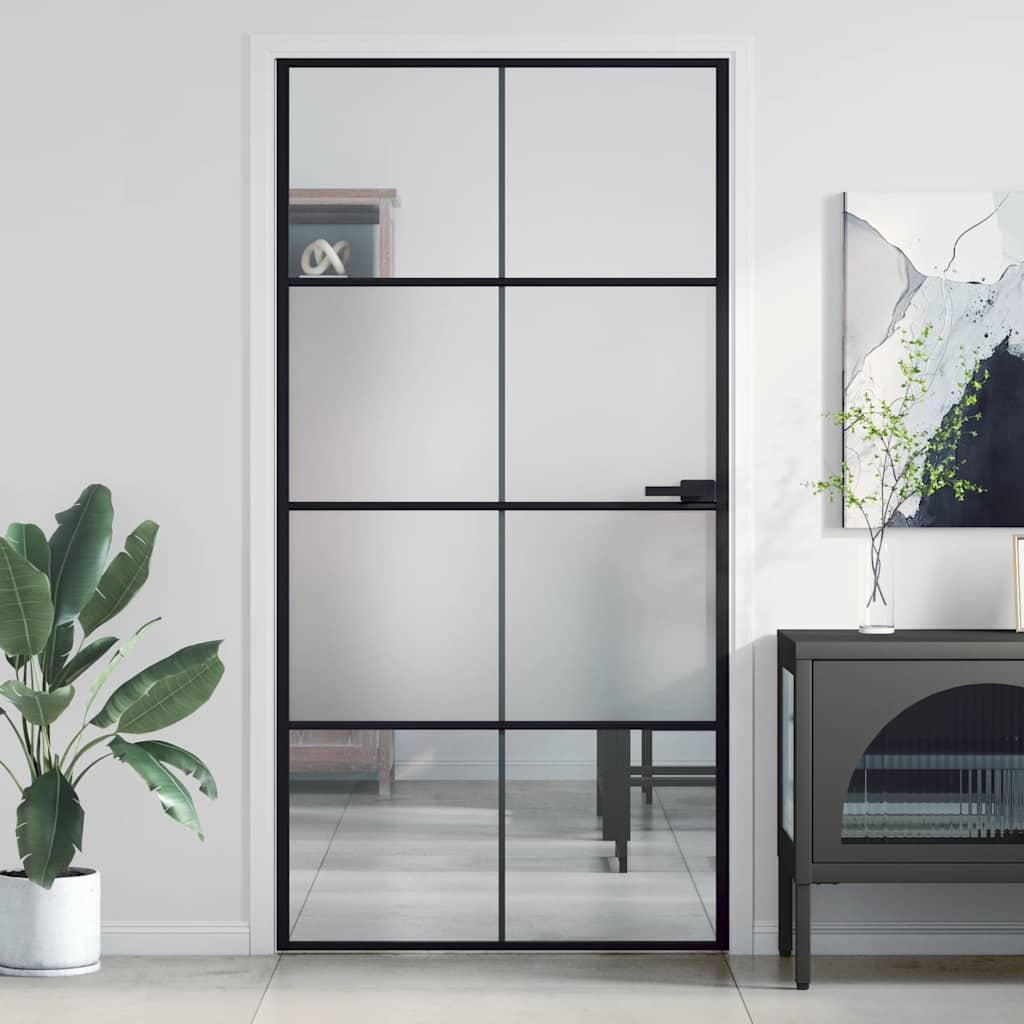 Binnendeur smal 102,5x201,5 cm gehard glas en aluminium zwart – afbeelding 1