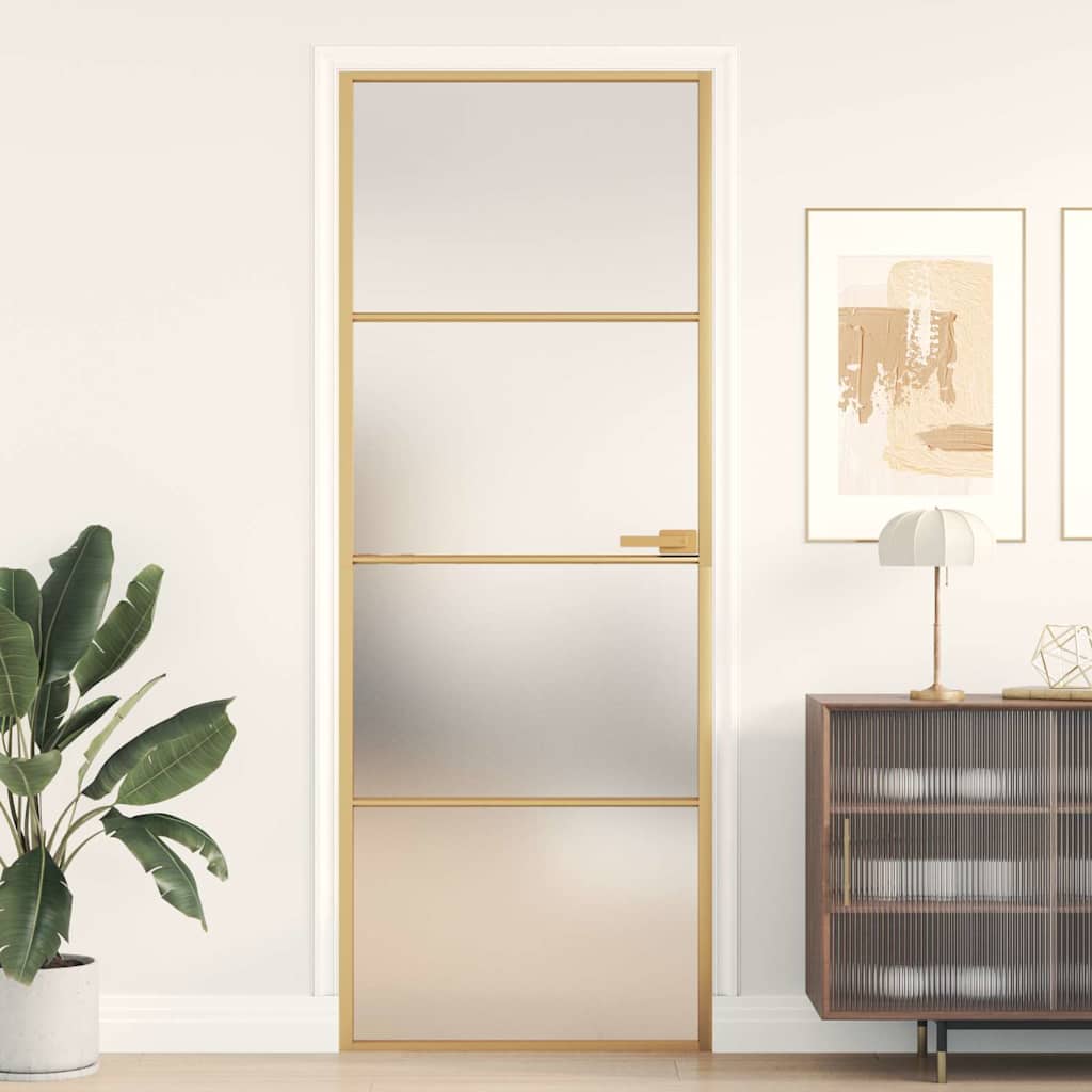 Binnendeur smal 76x201,5 cm gehard glas en aluminium goudkleur