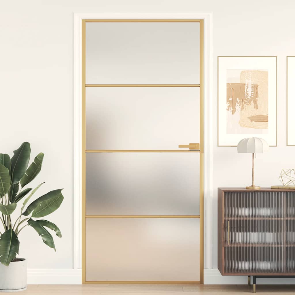 Binnendeur smal 93x201,5 cm gehard glas en aluminium goudkleur – afbeelding 1