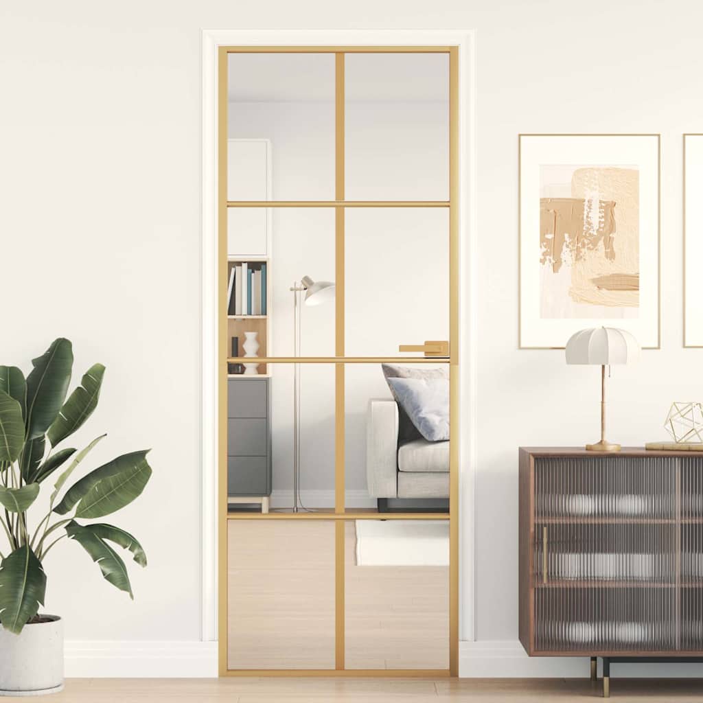 Binnendeur smal 76x201,5 cm gehard glas en aluminium goudkleur