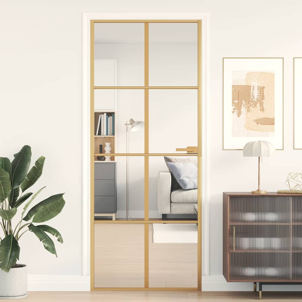 Binnendeur smal 83x201,5 cm gehard glas en aluminium goudkleur – afbeelding 1