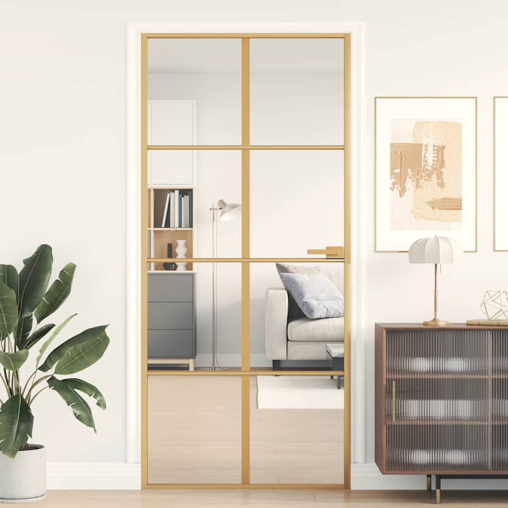 Binnendeur smal 93x201,5 cm gehard glas en aluminium goudkleur – afbeelding 1