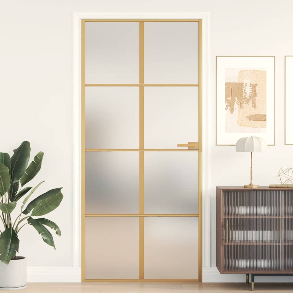 Binnendeur smal 93x201,5 cm gehard glas en aluminium goudkleur – afbeelding 1