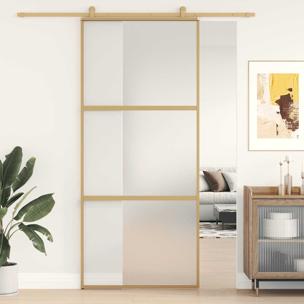 Schuifdeur 90x205 cm mat ESG-glas en aluminium goudkleurig – afbeelding 1