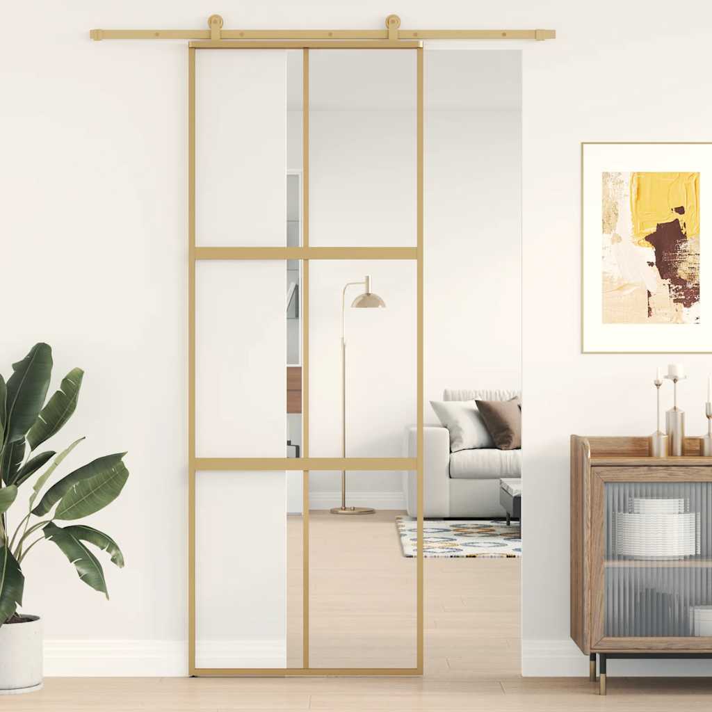 Schuifdeur 76x205 cm helder ESG-glas en aluminium goudkleurig – afbeelding 1