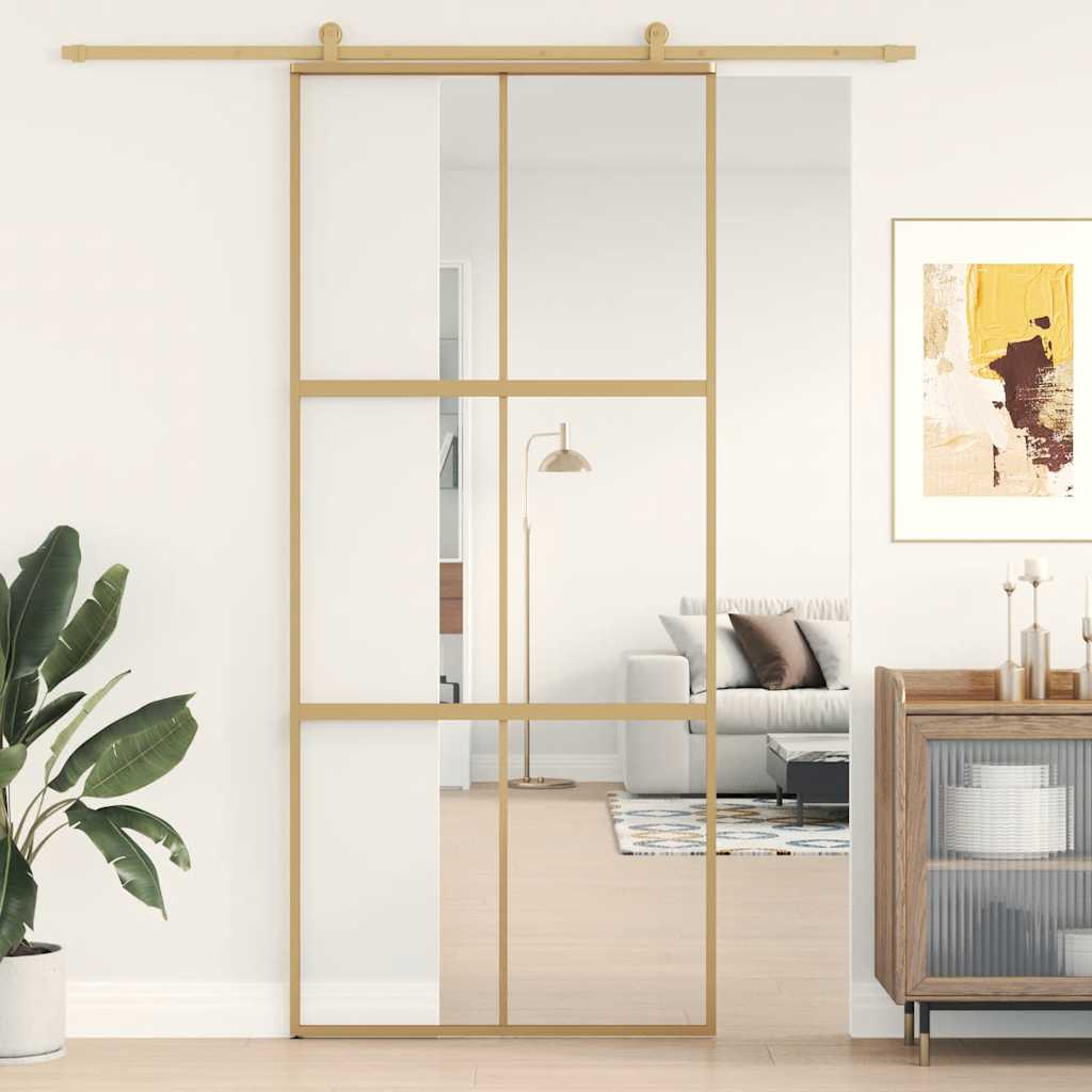 Schuifdeur 90x205 cm helder ESG-glas en aluminium goudkleurig – afbeelding 1
