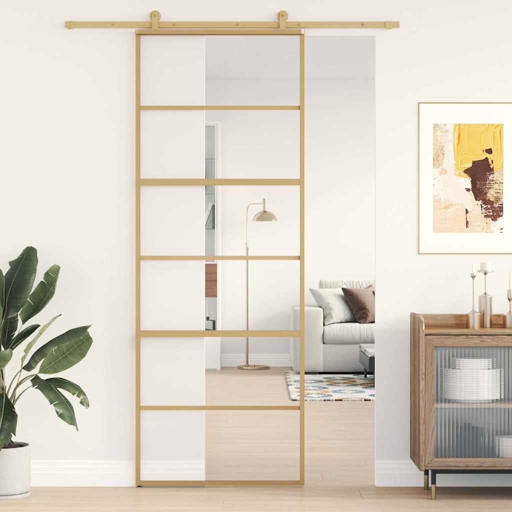Schuifdeur 76x205 cm helder ESG-glas en aluminium goudkleurig – afbeelding 1