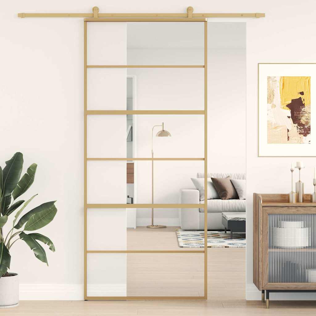 Schuifdeur 90x205 cm helder ESG-glas en aluminium goudkleurig – afbeelding 1