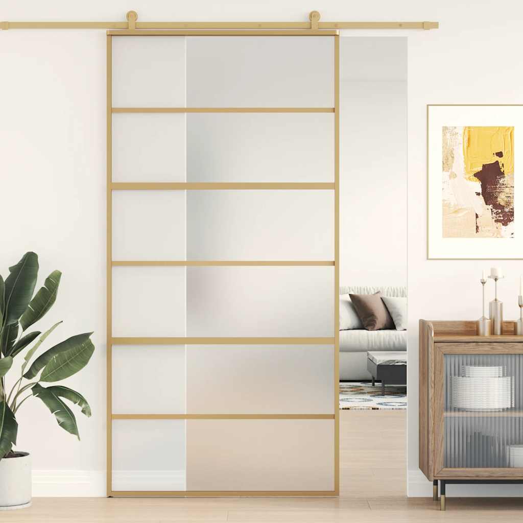 Schuifdeur 102,5x205 cm mat ESG-glas en aluminium goudkleurig – afbeelding 1