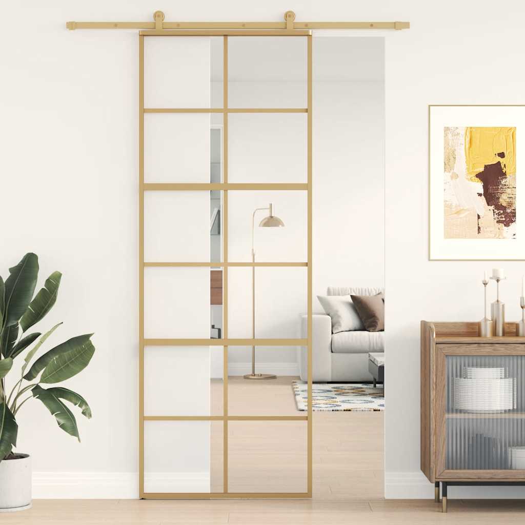 Schuifdeur 76x205 cm helder ESG-glas en aluminium goudkleurig – afbeelding 1