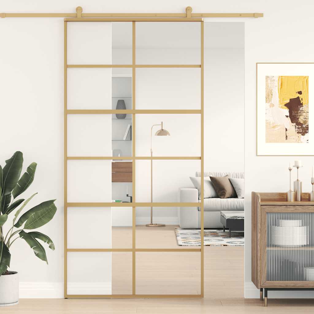 Schuifdeur 102,5x205 cm helder ESG-glas en aluminium goudkleur – afbeelding 1
