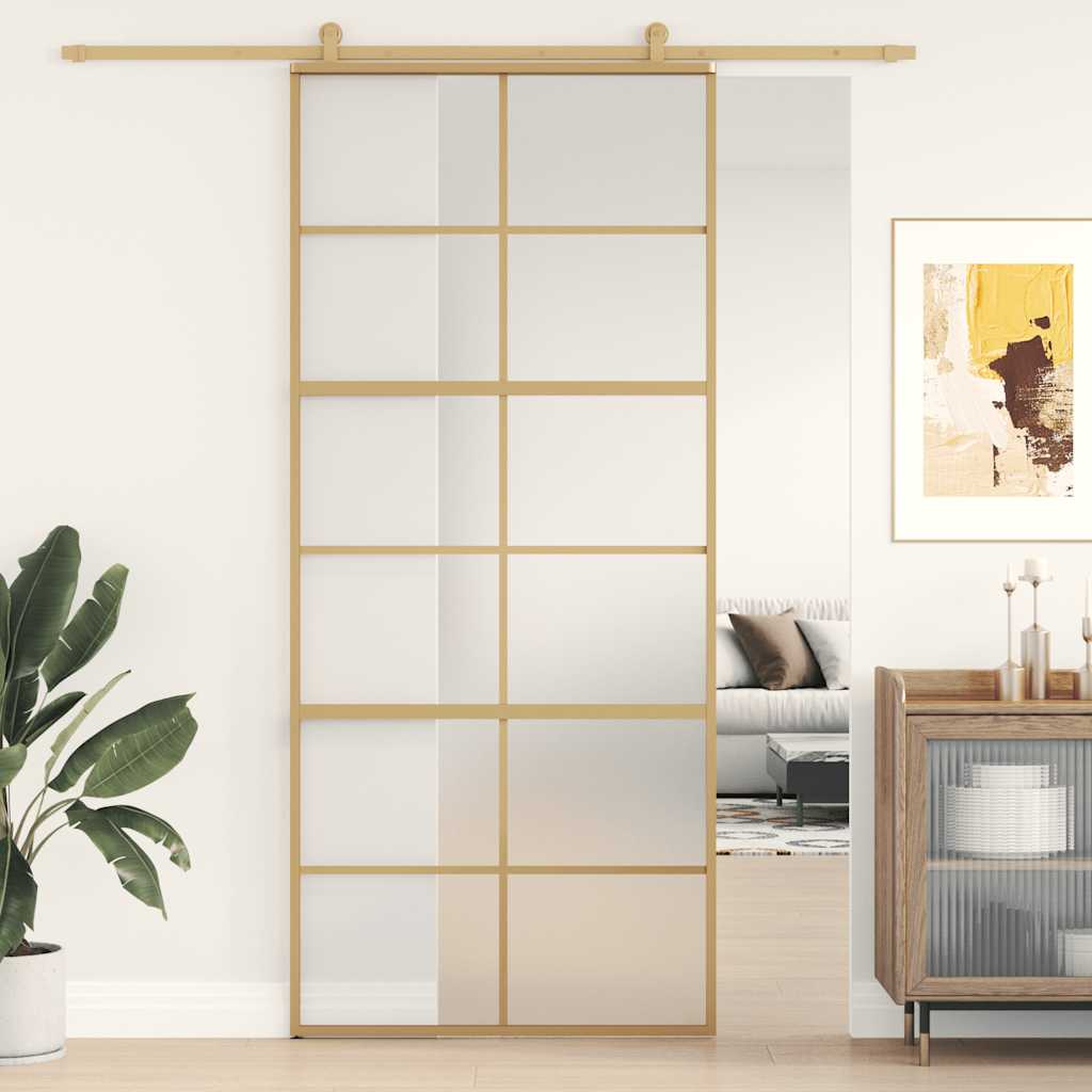 Schuifdeur 90x205 cm mat ESG-glas en aluminium goudkleurig – afbeelding 1