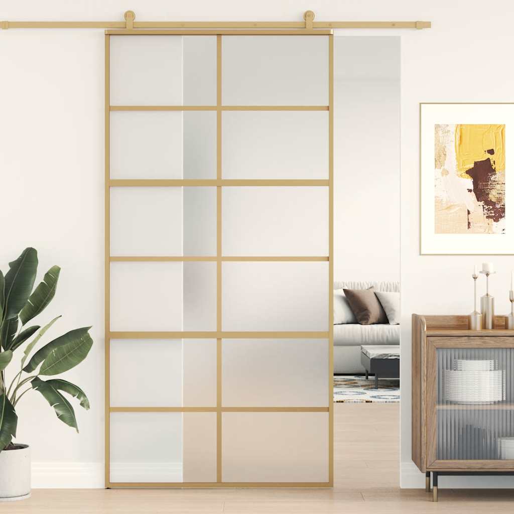 Schuifdeur 102,5x205 cm mat ESG-glas en aluminium goudkleurig – afbeelding 1