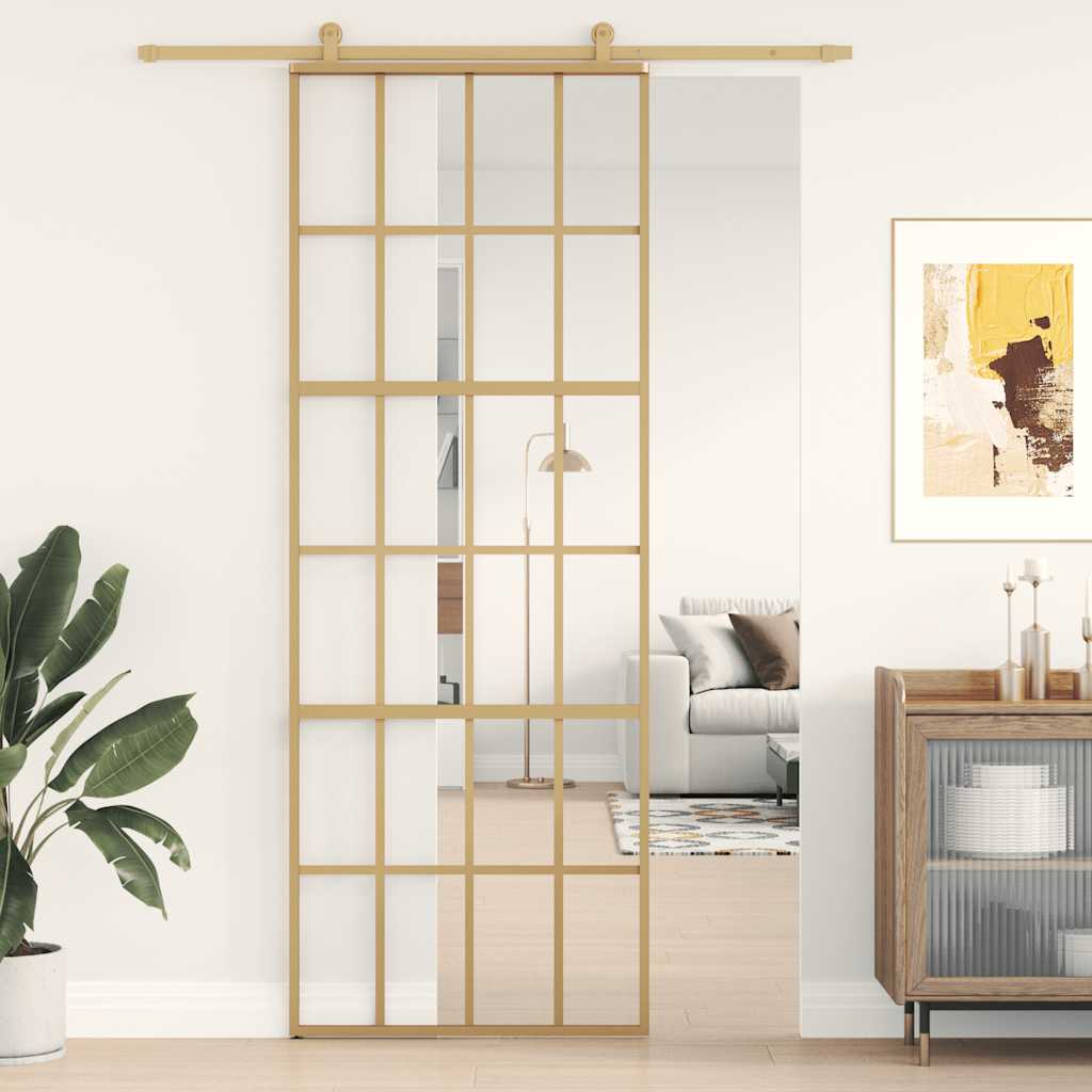 Schuifdeur 76x205 cm helder ESG-glas en aluminium goudkleurig – afbeelding 1