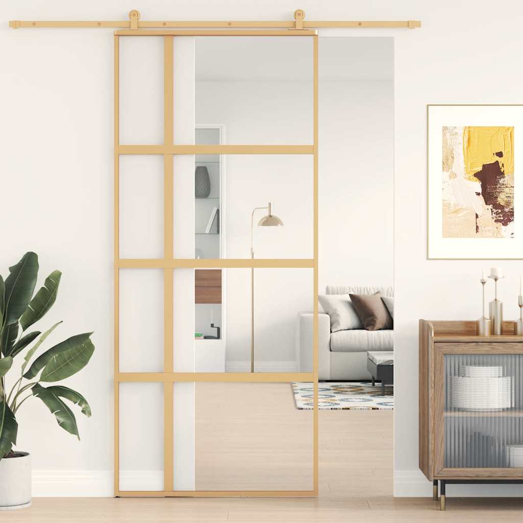 Schuifdeur 90x205 cm helder ESG-glas en aluminium goudkleurig