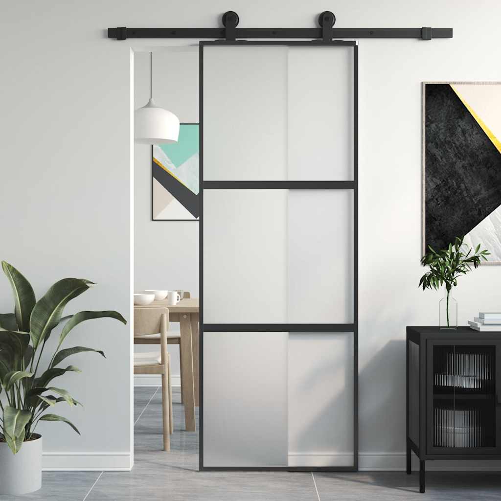 Schuifdeur 76x205 cm gehard glas en aluminium zwart – afbeelding 1