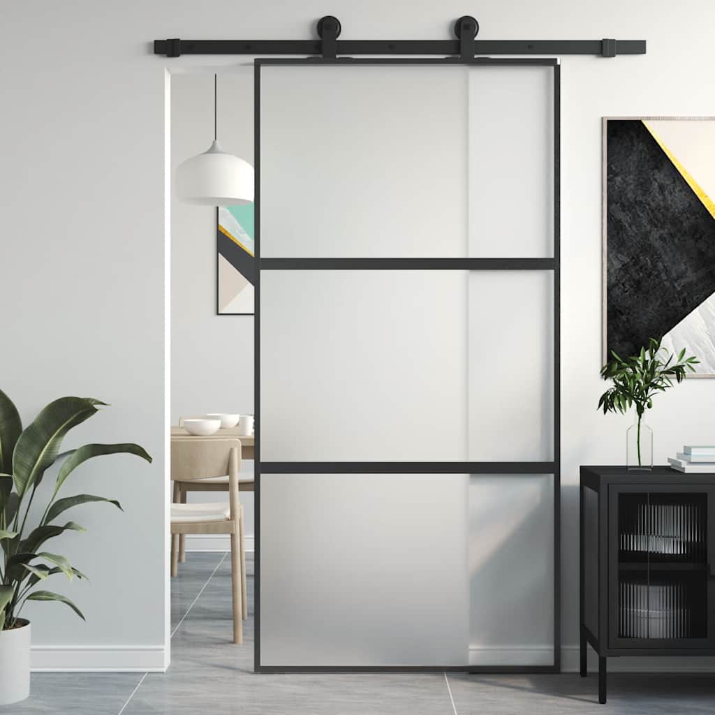 Schuifdeur 102,5x205 cm gehard glas en aluminium zwart – afbeelding 1