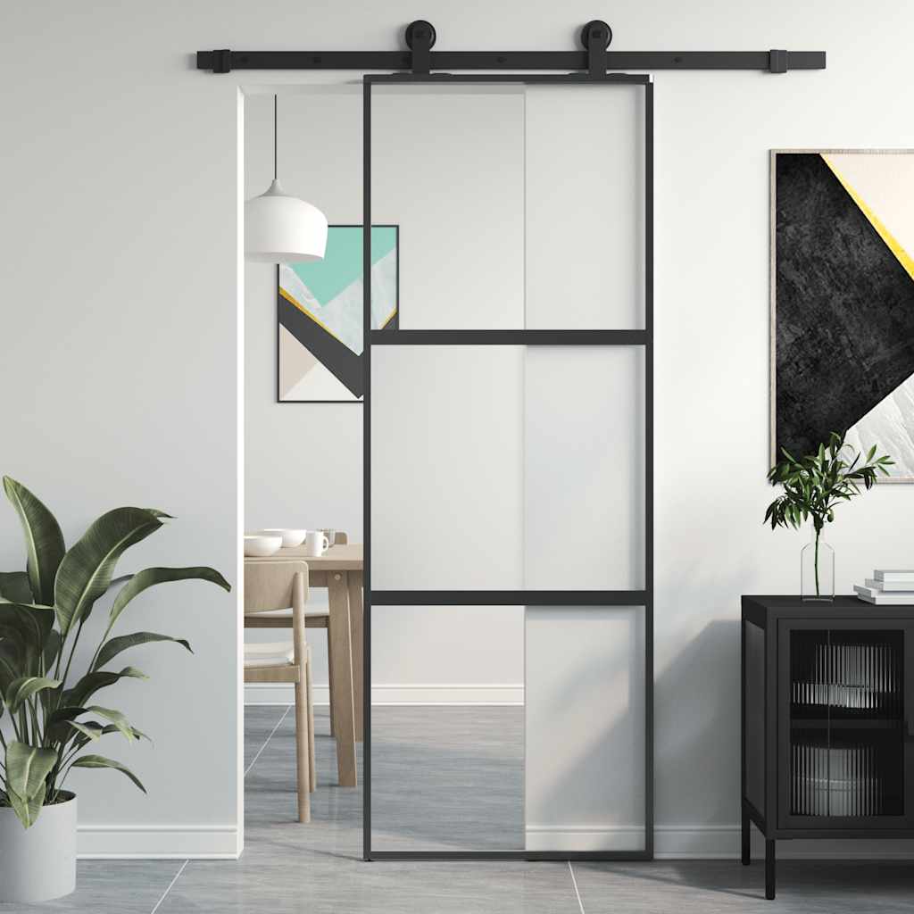 Schuifdeur 76x205 cm gehard glas en aluminium zwart – afbeelding 1