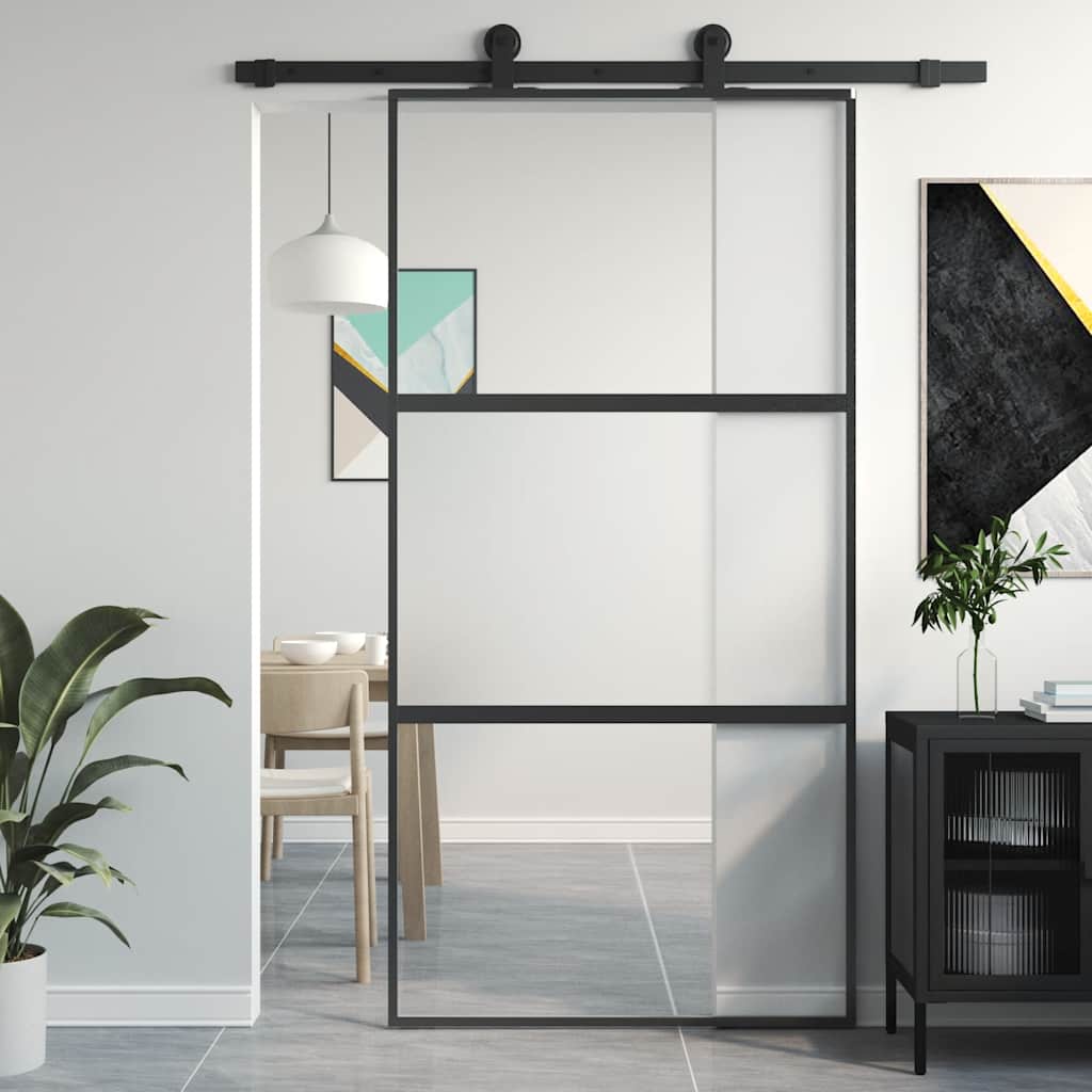 Schuifdeur 102,5x205 cm gehard glas en aluminium zwart – afbeelding 1