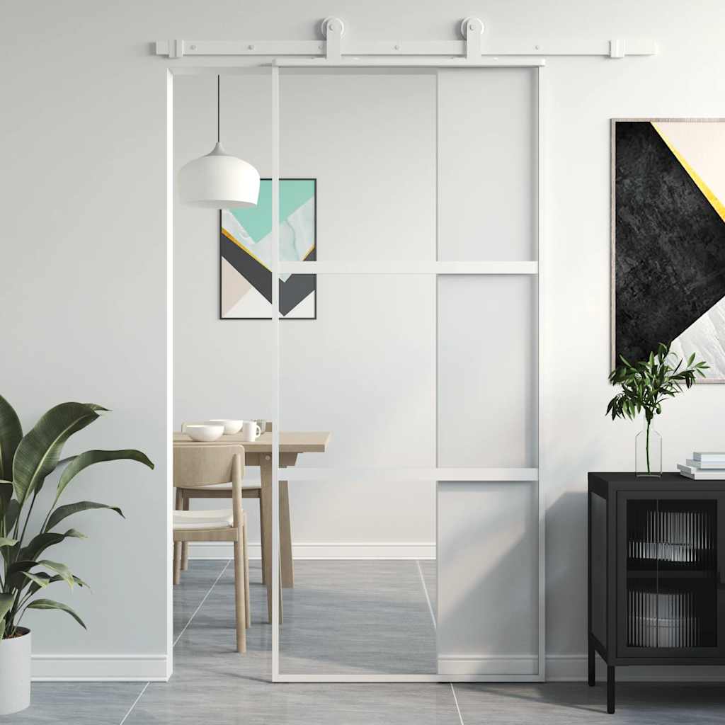 Schuifdeur 90x205 cm gehard glas en aluminium wit – afbeelding 1