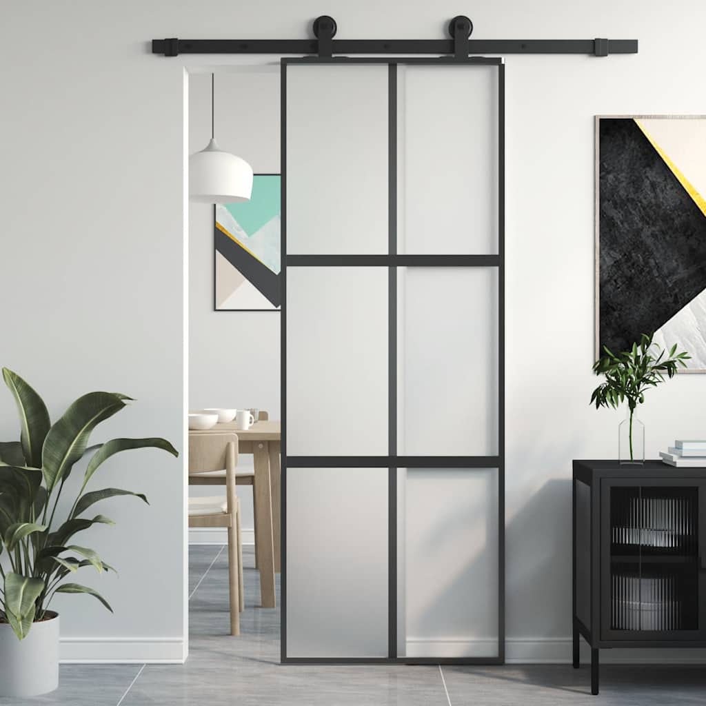 Schuifdeur 76x205 cm gehard glas en aluminium zwart