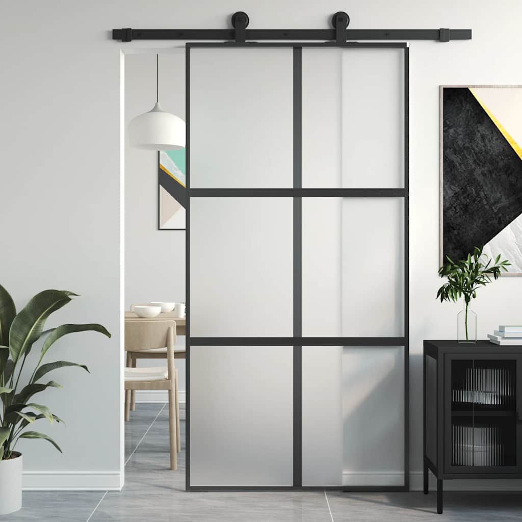 Schuifdeur 102,5x205 cm gehard glas en aluminium zwart – afbeelding 1