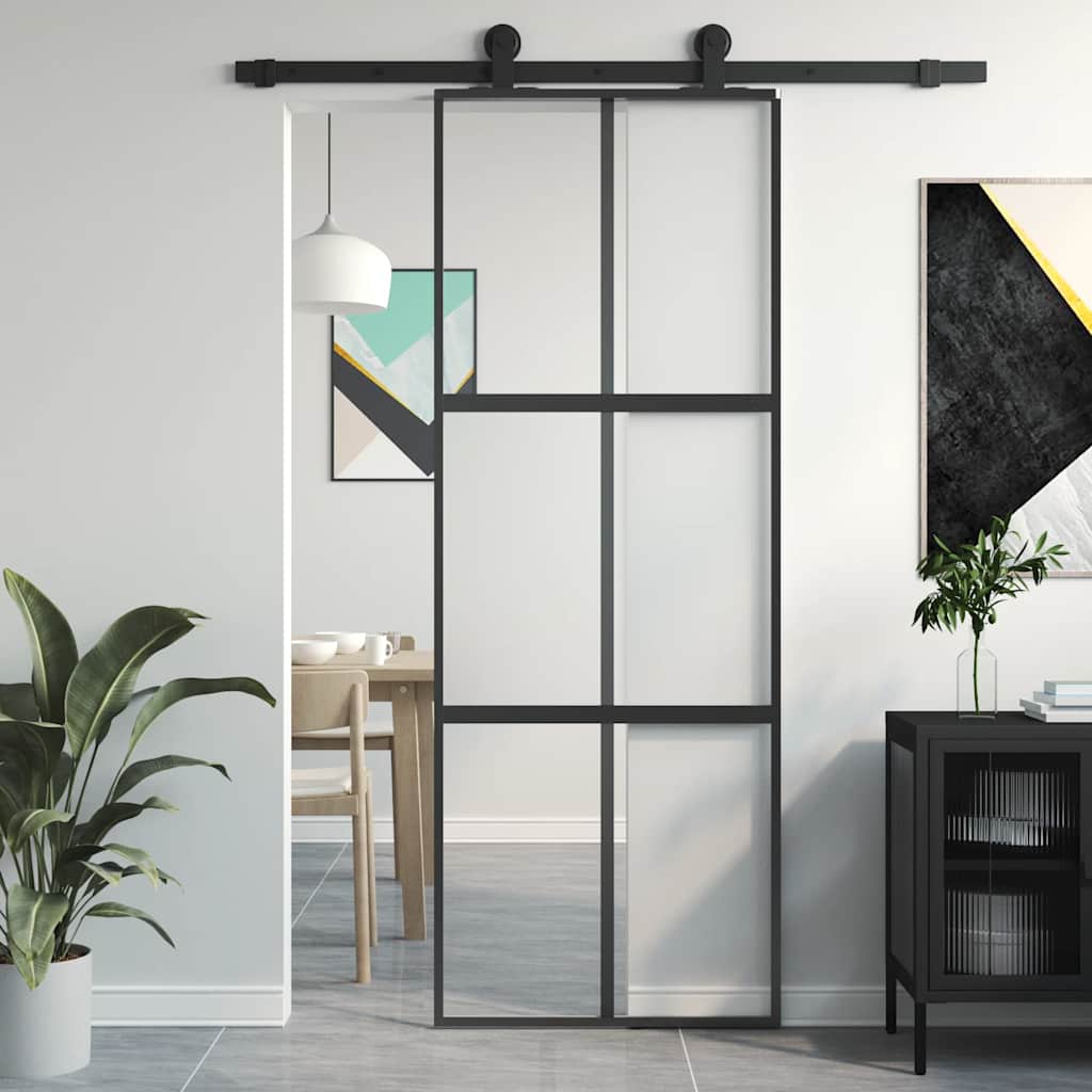 Schuifdeur 76x205 cm gehard glas en aluminium zwart