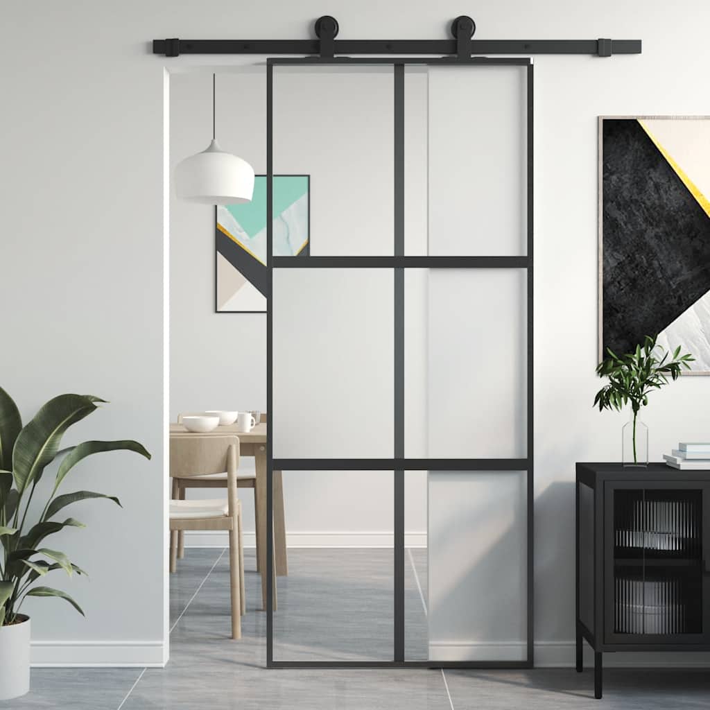 Schuifdeur 90x205 cm gehard glas en aluminium zwart – afbeelding 1