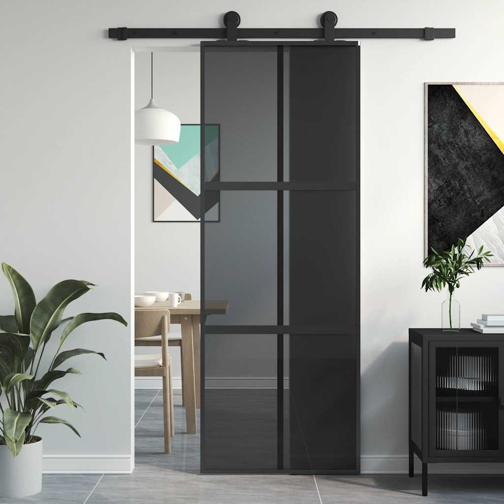 Schuifdeur 76x205 cm gehard glas en aluminium zwart