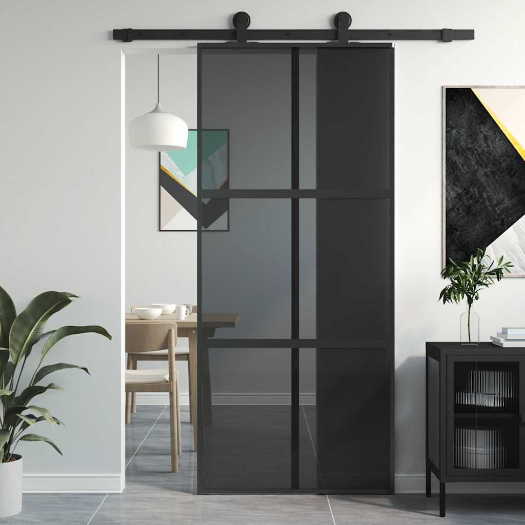 Schuifdeur 90x205 cm gehard glas en aluminium zwart – afbeelding 1