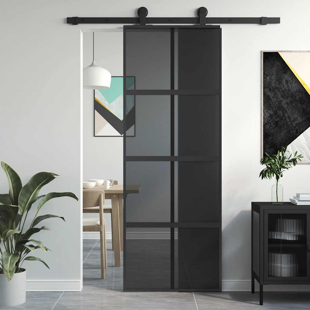 Schuifdeur 76x205 cm gehard glas en aluminium zwart – afbeelding 1